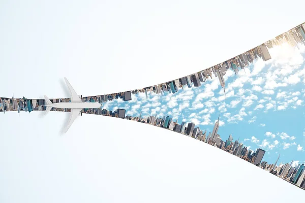 Nuevo concepto de la idea con el avión que vuela a través de la ciudad de megapolis en — Foto de Stock