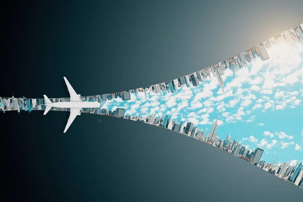 改变概念，飞机以闪电的形式在特大城市上空飞行. — 图库照片