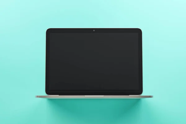 Konsep minimal dengan layar laptop modern hitam kosong pada latar belakang pirus terang . — Stok Foto