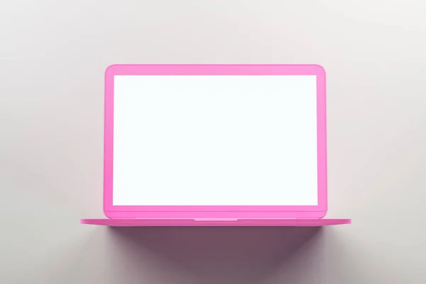 Lege witte mock up scherm van één materiaal roze laptop op abstracte lichte achtergrond. — Stockfoto