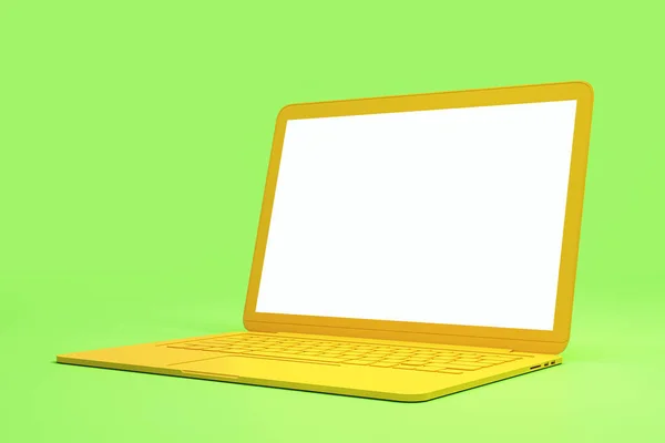 Minimal concept with blank white mock up yellow laptop screen at light green background. — Stock Photo, Image