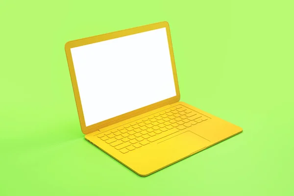 Minimal concept with blank white mock up yellow laptop screen at abstract light green background. — Stock Photo, Image