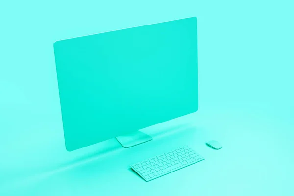 Tutto il concetto minimale blu con schermo del computer singolo materiale vuoto su sfondo astratto. Rendering 3D — Foto Stock