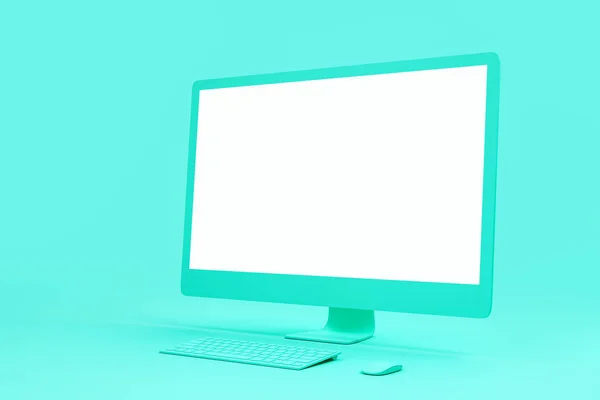 Bianco bianco vuoto modello di singolo schermo del computer materiale su sfondo turchese astratto . — Foto Stock