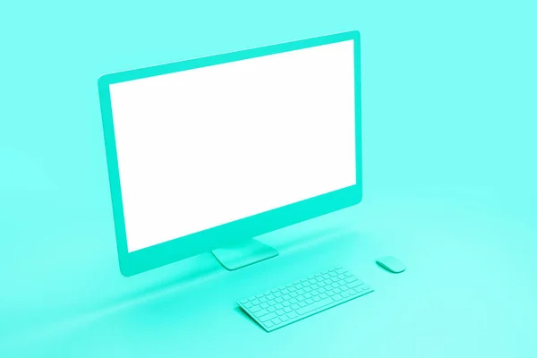 Pusta biała makieta nowoczesnego turkusowego ekranu komputera w abstrakcyjnym turkusowym tle. — Zdjęcie stockowe