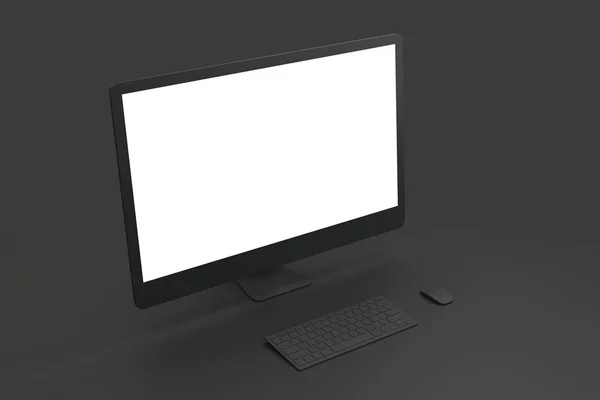 Todo el concepto minimalista negro con la pantalla blanca en blanco de la maqueta encima del ordenador negro del solo material . — Foto de Stock