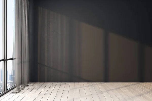 Sala vazia de luz moderna com parede preta em branco, piso de madeira e grande janela com vista para a cidade . — Fotografia de Stock