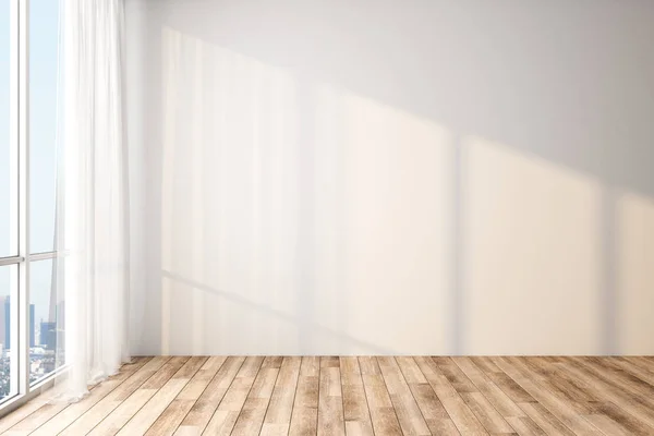 Moderní světlý prázdný pokoj s prázdnou bílou zdí, dřevěnou podlahou a velkým oknem s výhledem na město. — Stock fotografie