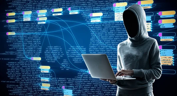 Hacking concept with hacker using laptop at digital map with node tree and binary code background.