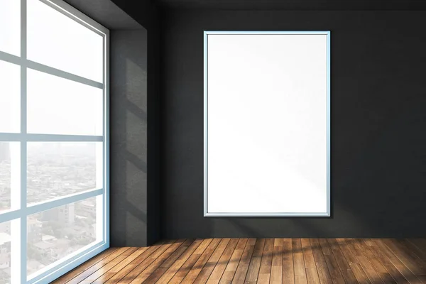 Üres fehér plakát a fekete falon a modern irodai fa padló és nagy ablak, gúnyolódni. — Stock Fotó