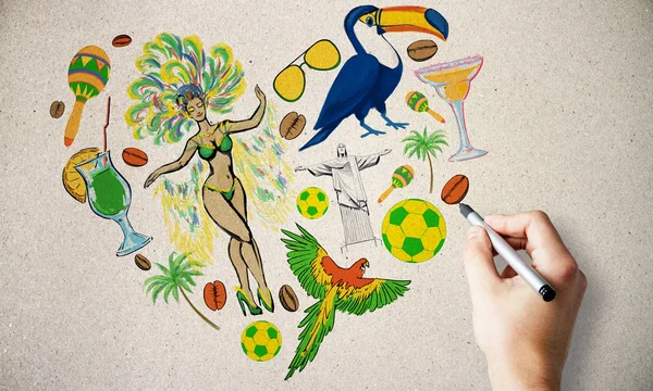 Brezilya'nın elle çizilen sembollerle Brezilya konseptine seyahat: karnaval ve futbol. — Stok fotoğraf