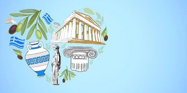 Ik hou van Griekenland concept met hartvormige traditionele Griekse symbolen op blauwe achtergrond. — Stockfoto