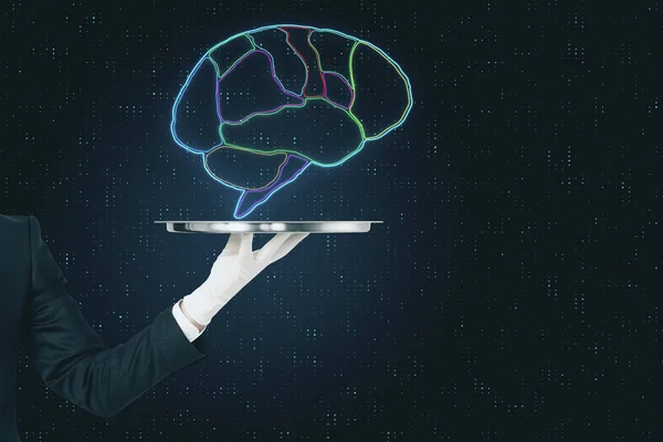 Digital human brain divided by lobes on metal tray in the hands of a waiter at abstract background.