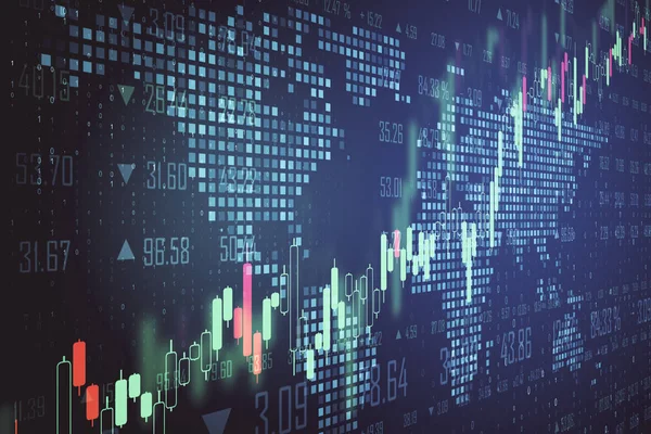 外国為替グラフとピクセルの世界地図を持つデジタル画面を持つビジネス取引の概念. — ストック写真