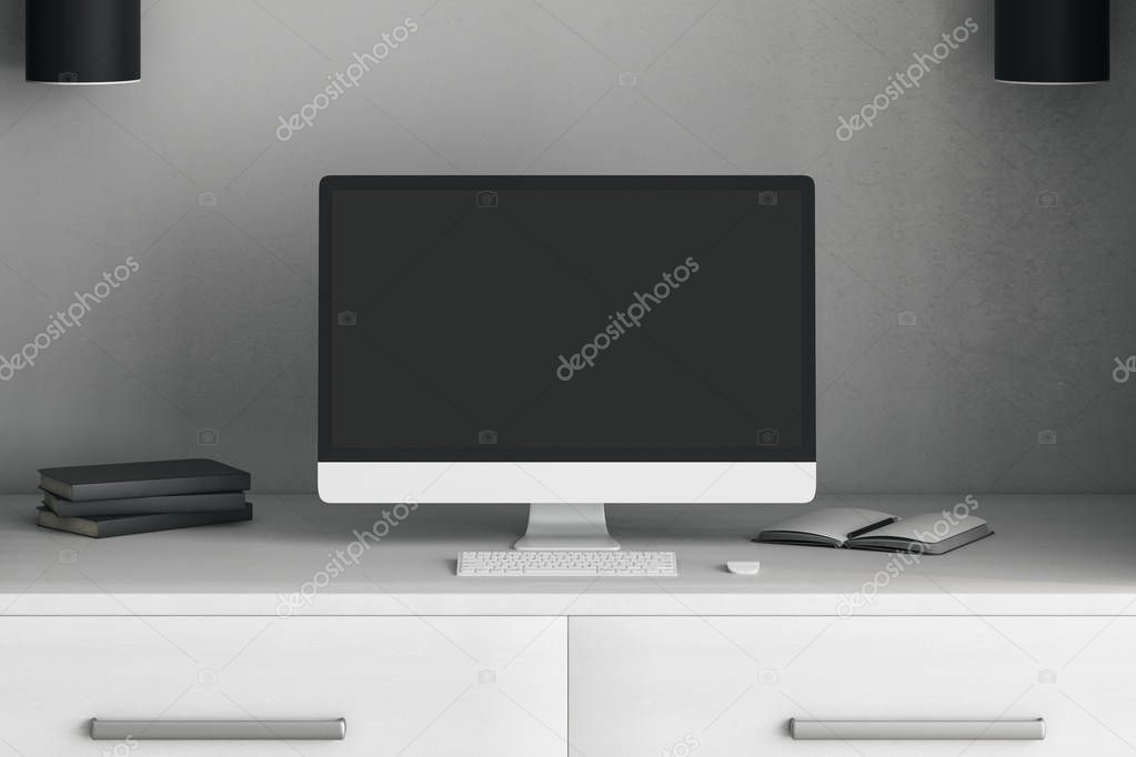 Monochrome concept with modern workspace with personal computer, books and table.