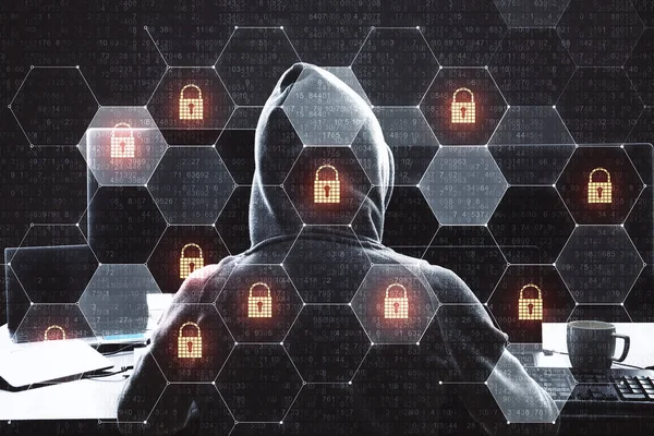 Cyber attaque en cours avec dos de hacker et des icônes de sécurité numérique dans les cellules.Double exposition . — Photo