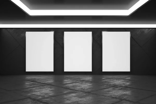 Carteles blancos en blanco en estilo monocromo sala de exposiciones vacía con piso de hormigón, maqueta . — Foto de Stock
