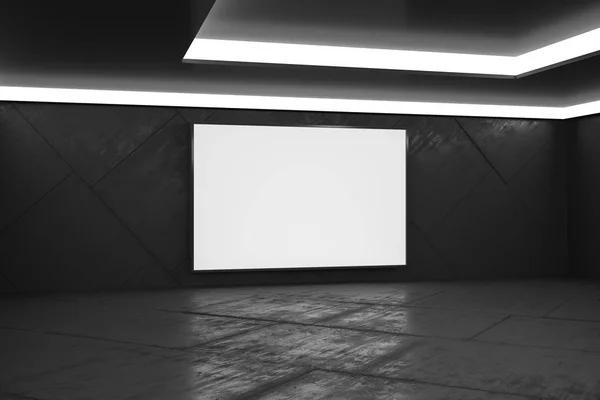 Affiche blanche vierge dans un hall vide de style monochrome avec sol en béton, maquette . — Photo