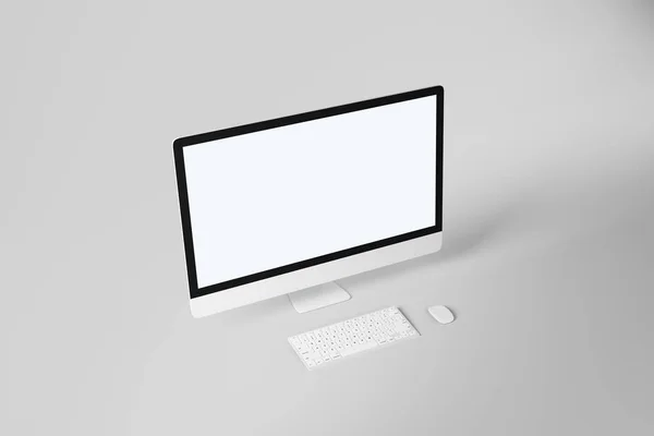 Bianco vuoto modello moderno monitor per computer con tastiera bianca su sfondo chiaro astratto . — Foto Stock