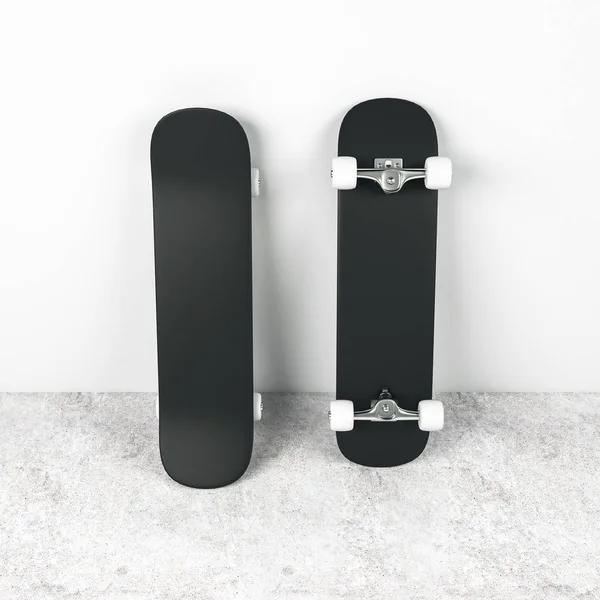 Three blank white skateboards at dark grey background, mock up. 3D Rendering