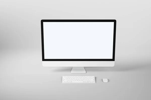 Blanco en blanco maqueta de monitor de ordenador moderno con teclado blanco en fondo de luz abstracta . — Foto de Stock