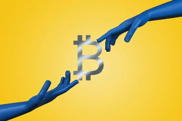 Заробіток концепції Bitcoin з досягненням синіх пластикових рук на абстрактному жовтому тлі . — стокове фото