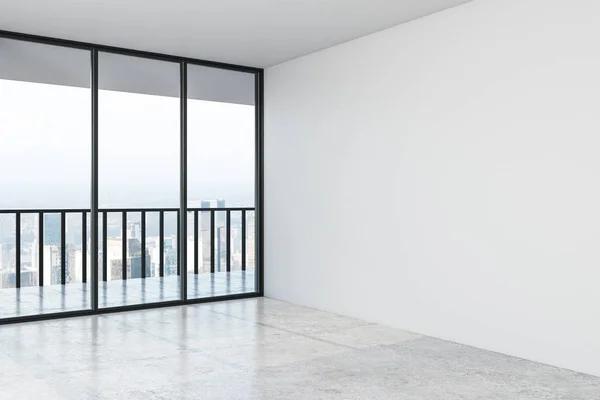 Sala moderna vuota con pavimento di cemento, mock up wall e grande finestra con vista sulla città nel pomeriggio . — Foto Stock