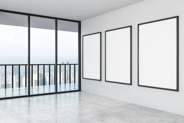 Blank three white mock up posters on white wall in modern empty spacious hall with city view. — Stock Photo, Image