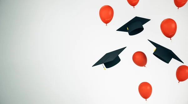Koncepcja edukacyjna z latającymi czarnymi czapkami i czerwonymi balonami z białym miejscem na logo. — Zdjęcie stockowe