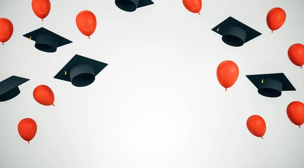 Utbildning och examens koncept med svarta akademiska mössor och röda ballonger med plats för din logotyp. — Stockfoto