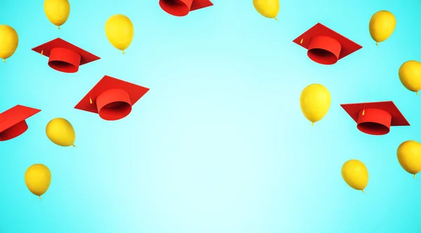 Concept d'éducation et de graduation avec casquettes académiques rouges et ballons jaunes avec espace pour votre logo . — Photo