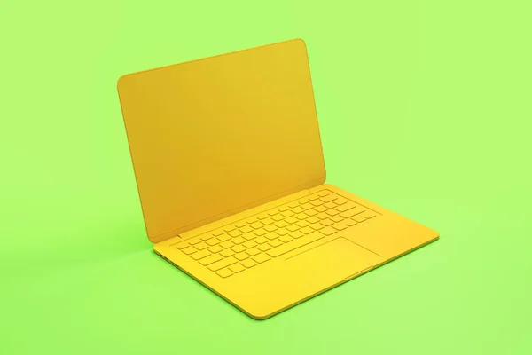 Minimal concept met campiagn enkel materiaal gele laptop op abstracte licht groene achtergrond. — Stockfoto