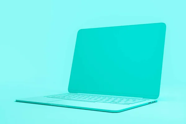 Minimalna koncepcja z onepiece pojedynczego materiału turkus laptopa w abstrakcyjne turkus tle. — Zdjęcie stockowe