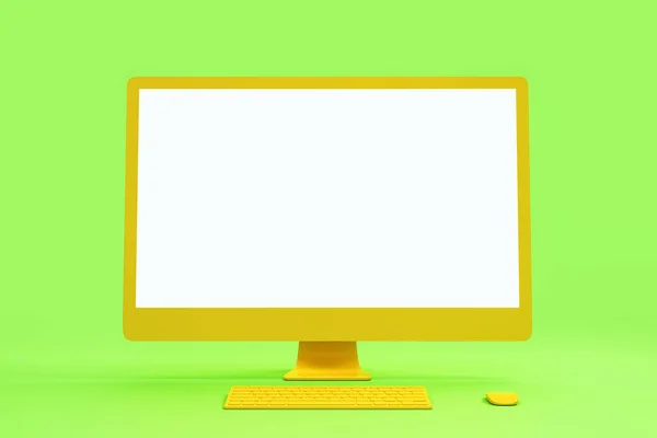 Prázdná bílá kopie moderní žluté počítačové obrazovky na abstraktní světle zeleném pozadí. — Stock fotografie