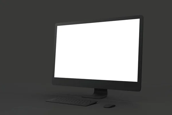 어두운 배경에서 검은 컴퓨터의 빈 흰색 모형 화면 모든 검은 최소한의 개념. — 스톡 사진