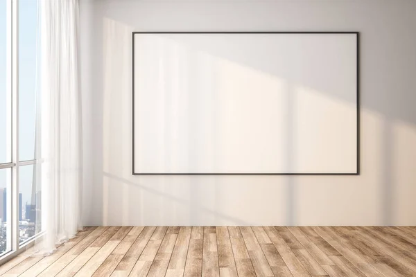 现代空房间的白色墙上的空白海报，有大窗户和木地板，模拟. — 图库照片