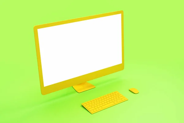 Blank white mock up screen of modern yellow computer at abstract light green background. — Stock Photo, Image