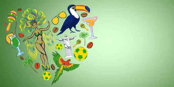 Eu amo o conceito Brasil com símbolos tradicionais desenhados: carnaval e futebol em fundo verde . — Fotografia de Stock