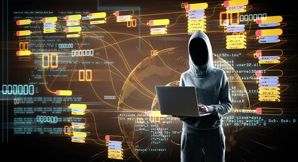 Internet Security concept zonder face hacker op digitale kaart met knooppunt boom en wereld kaart achtergrond. — Stockfoto