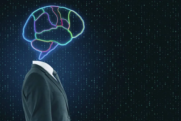 AI αντίληψη με ακέφαλο επιχειρηματία και ψηφιακή εικόνα του εγκεφάλου πολύχρωμο σε δυαδικό κώδικα φόντο. — Φωτογραφία Αρχείου