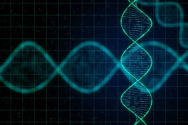 Science and technology concept with digital dna spiral and abstract technology checkered background.