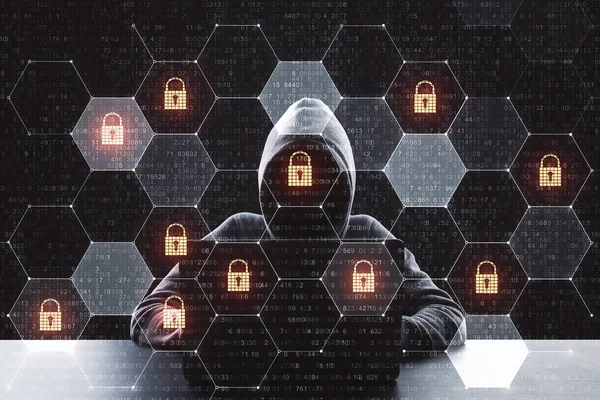Digitale misdaad concept met hacker met behulp van laptop en lock iconen in cellen. Dubbele belichting. — Stockfoto