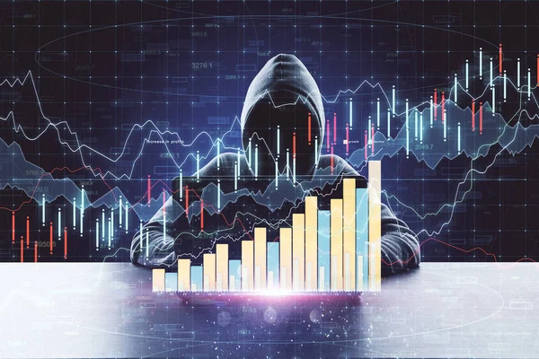 Internet theft concept with hacker and digital forex chart graphs.Double exposure.