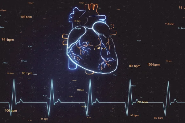 Koncepcja zdrowia serca z cyfrowym układem serca z hologramem i linią impulsów w abstrakcyjnym tle cyfrowym. — Zdjęcie stockowe