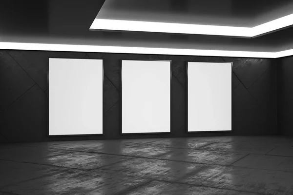 Пустые белые плакаты в монохромном стиле пустой зал с бетонным полом, макет . — стоковое фото