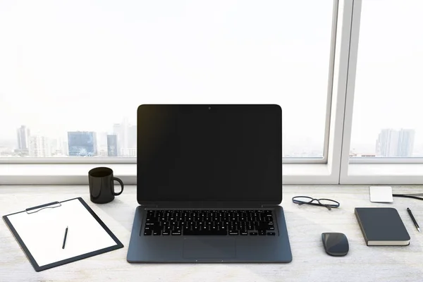 Tutto concetto nero con bianco nero singolo computer portatile materiale con tazza di caffè, notebook e bicchieri . — Foto Stock