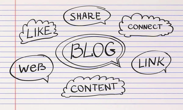 Έννοια κοινωνικού δικτύου και ιστολογίου με λέξεις που έχουν σχεδιαστεί με το χέρι στο παρασκήνιο του φύλλου σημειωματαρίου. — Φωτογραφία Αρχείου