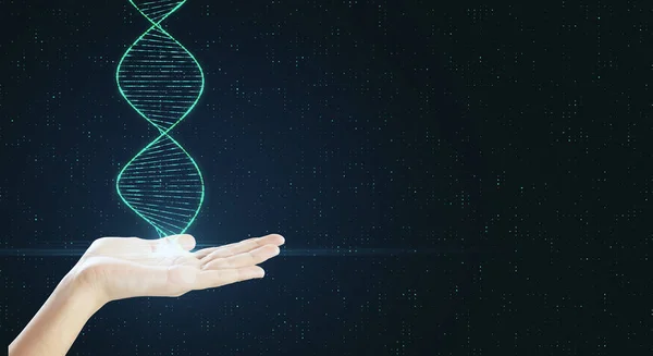 Genetische wetenschap en biotechnologie concept met menselijke hand met DNA spiraal op abstracte achtergrond. — Stockfoto