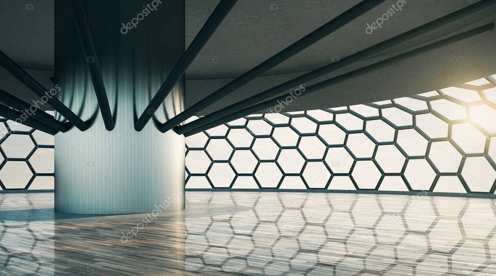 Modern spacious exhibition hall with pillar, futuristic window and wooden floor at sunset.