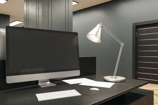 Designer desktop with black computer screen and lamp. Business and design concept. Mock up, 3D Rendering